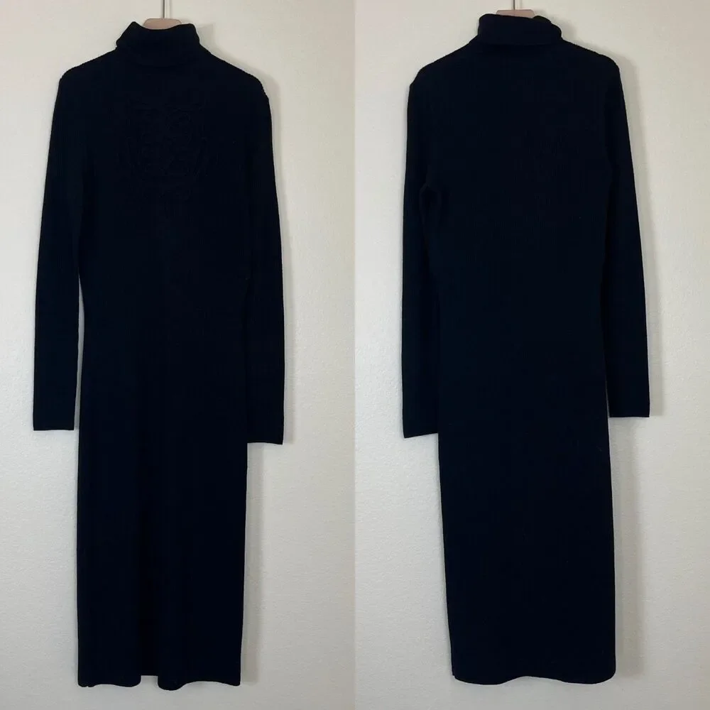 DVF Women Size L Black Wool Jersey Knit Midi Sweater Dress Capsule Minimalist